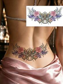 1pc Waterproof Butterfly Rose Tattoo Sticker, 32*19cm, Colorful Mandala Flower Chain Print Temporary Tattoo, Cool Pattern, Waterproof Non-Reflective, Easy To Use, Suitable For Women's Back, Chest And Other Areas, Lasts 3-7 Days, Essential For Parties And Music Festivals - Black - View 2