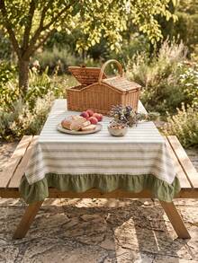 1pc Beige Base Green Fine Stripe & Olive Green Ruffle Edge Tablecloth, Fresh Natural Style Fabric Rectangular Tablecloth With Olive Green Ruffle Edge Patchwork Detail, Decorative & Functional For Daily Home Dining And Fresh Home Decor - Multicolor - View 3