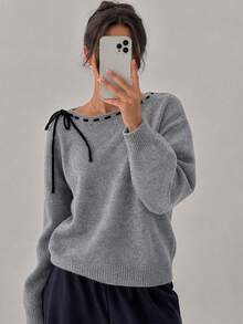 Wixra Women's Off Shoulder Long Sleeve Knit Sweater Contrast Stitch Neck Tie Bow Pullover Top - Grey - View 1