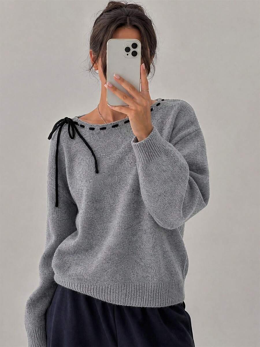 Wixra Women's Off Shoulder Long Sleeve Knit Sweater Contrast Stitch Neck Tie Bow Pullover Top - Grey - View 1