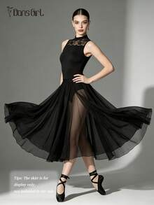 DonsGirl 1pc Women's Mesh & Lace Patchwork Ballet Leotard, Elegant Stand Collar Backless Bodysuit Black Fall - Black - View 6