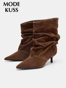 New Women's Autumn/Winter Popular Minimalist Fashion Ruched Stacked Pointed Toe Stiletto Heel Ankle Boots, Suitable For Daily Wear - Brown - View 3