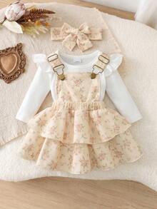 Infant Girls White Ribbed Crew Neck Flutter Sleeve Bodysuit + Double Layer Skirt Adjustable Button Five-Petal Flower Light Pink Dress + Headband 3-Piece Bodysuit Set - Multicolor - View 1