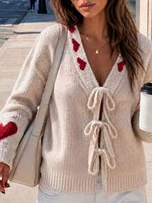 Women's Knitted Lace-Up V-Neck Cardigan, Decorated With Red Heart Pattern, Long Sleeve Design, Perfect Choice For Autumn Outfit. - Apricot - View 3