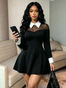 RNU Women's Plus Size Elegant Black Long Sleeve Dress, Sheer Mesh Patchwork Knit High Elastic, For Party, Night Date & Gathering, Fashion Versatile - Black - View 2