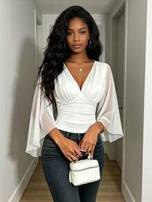 RNU Women Elegant V‑Neck Flare Mesh Sleeve Crop Top, Ruched Slim Fit Sheer Blouse For Holiday Festival Party - White - View 3