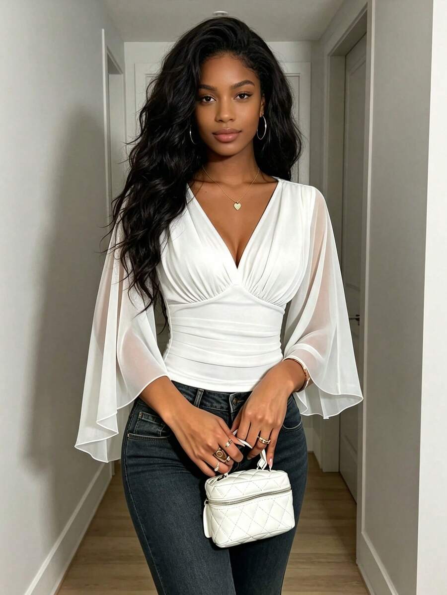RNU Women Elegant V‑Neck Flare Mesh Sleeve Crop Top, Ruched Slim Fit Sheer Blouse For Holiday Festival Party - White - View 1