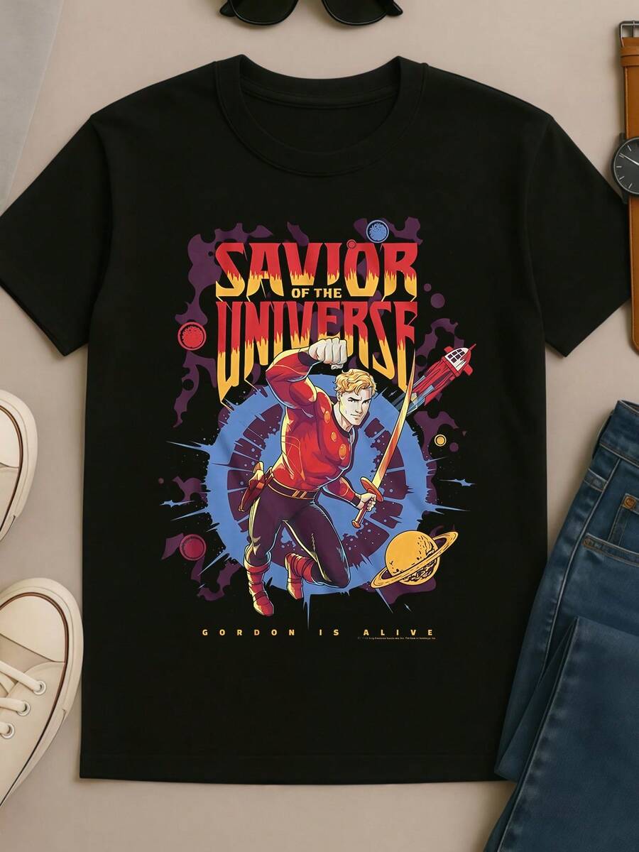 Flash_Gordon_Savior_Of_The_Universe_Retro_Comic_Graphic_Tee - Hitam - View 1