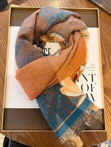 1pc Patterned Scarf For Women, Winter Warm Versatile Shawl, Dual-Use Air-Conditioned Room Office Cape, Long Thick Neck Warmer - Orange Green - View 3