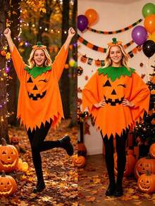 Halloween Pumpkin Costume, Adult Pumpkin Cape, Headpiece And Trick-Or-Treat Bag, Suitable For Halloween Role Play And Party "Trick Or Treat" Cute Outfit, Ideal Holiday Gift - Multicolor - View 8