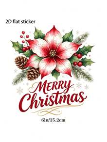 1pc Outdoor Christmas Car Sticker, Watercolor Print Technique, Pattern Includes Poinsettia, Pine Cone, Red Berry, Evergreen Branch And Elegant "Merry Christmas" Text; Suitable For Car Paint, Car Window, Metal Mailbox And Refrigerator - Christmas Decorations - View 3