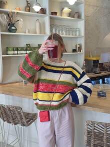 Indie Sleaze Colorful Stripe Crew Neck Oversized Chunky Knit Sweater, Long Sleeve Drop Shoulder Loose Pullover Top Shop Back To School - Multicolor - View 1
