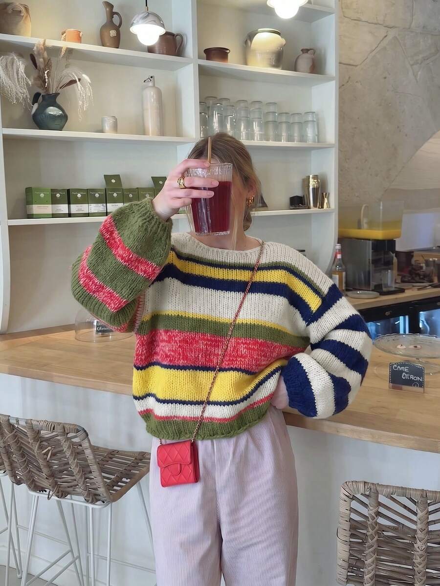 Indie Sleaze Colorful Stripe Crew Neck Oversized Chunky Knit Sweater, Long Sleeve Drop Shoulder Loose Pullover Top Shop Back To School - Multicolor - View 1