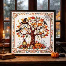 Autumn Halloween Magic Tree Cross Stitch Full Material Kit 11CT Witch Hat Pumpkin Ghost Maple Leaf Printed Pattern Beginner Friendly Stress Relief Handmade DIY Set Includes Needle Thread Instruction Manual Living Room Bedroom Entryway Desktop Home Vintage Decor Wall Hanging - Multicolor - View 5