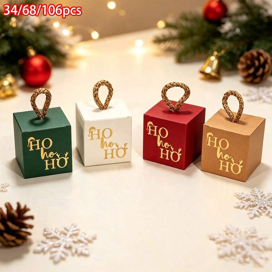 34/68/106pcs Christmas Cube Gift Boxes With Rope Loop Handle, Red Green White And Kraft Paper Favor Boxes, Mini Holiday Gift Packaging For Cookies, Candy, Small Gifts, Christmas Tree Decorations, Party Favors, Includes Christmas Stickers - Multicolor - View 1