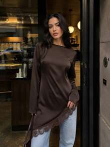 Women's Solid Color Long Sleeve Casual Top, Elegant Lace Patchwork Asymmetrical Hem Pullover, Versatile Commute All-Match Streetwear - Brown - View 3