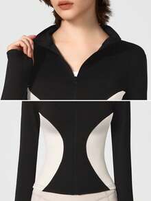 1 pieza Chaqueta deportiva de mujer con diseño de bloques de color, ajuste ceñido, elástica con cremallera, casual y de moda, para correr al aire libre, fitness, yoga y pilates, color negro - Negro - Ver 3