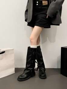 Multi-Buckle Ruched Stacked High-Top Boots, Plus Size Wide Foot Round Toe Side Zipper Cool Street Style Long Boots - Black - View 1