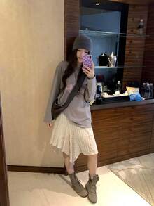 Women's New Autumn Loose Drop Shoulder Casual American Vintage Top - Grey - View 13