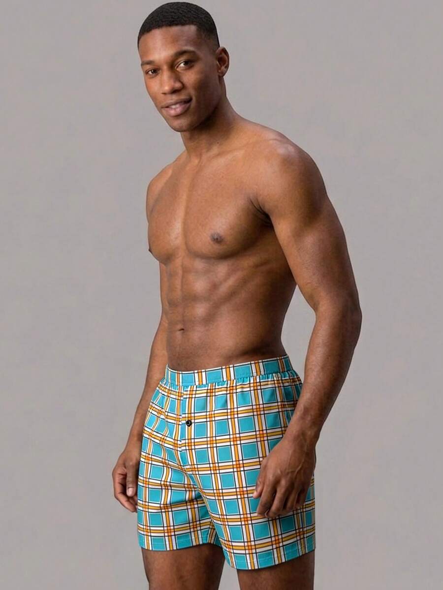 1piece Of Men Underwear, Soft And Comfortable Checkered Pattern Design Loose Corner Shorts, With Button Placket, Suitable For Daily Wear And Vacation - Multicolor - View 1