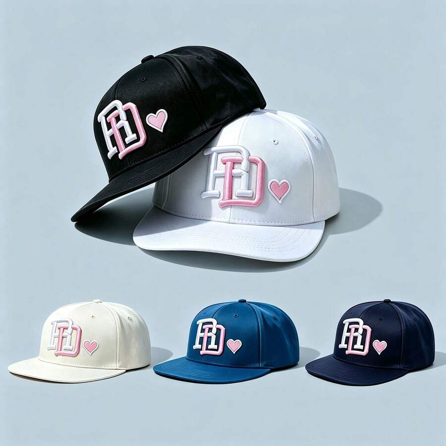 1pc HD Letter Heart Embroidered Flat Brim Snapback Cap Adjustable Hip‑Hop Streetwear Baseball Cap Unisex Fashion Sun Hat