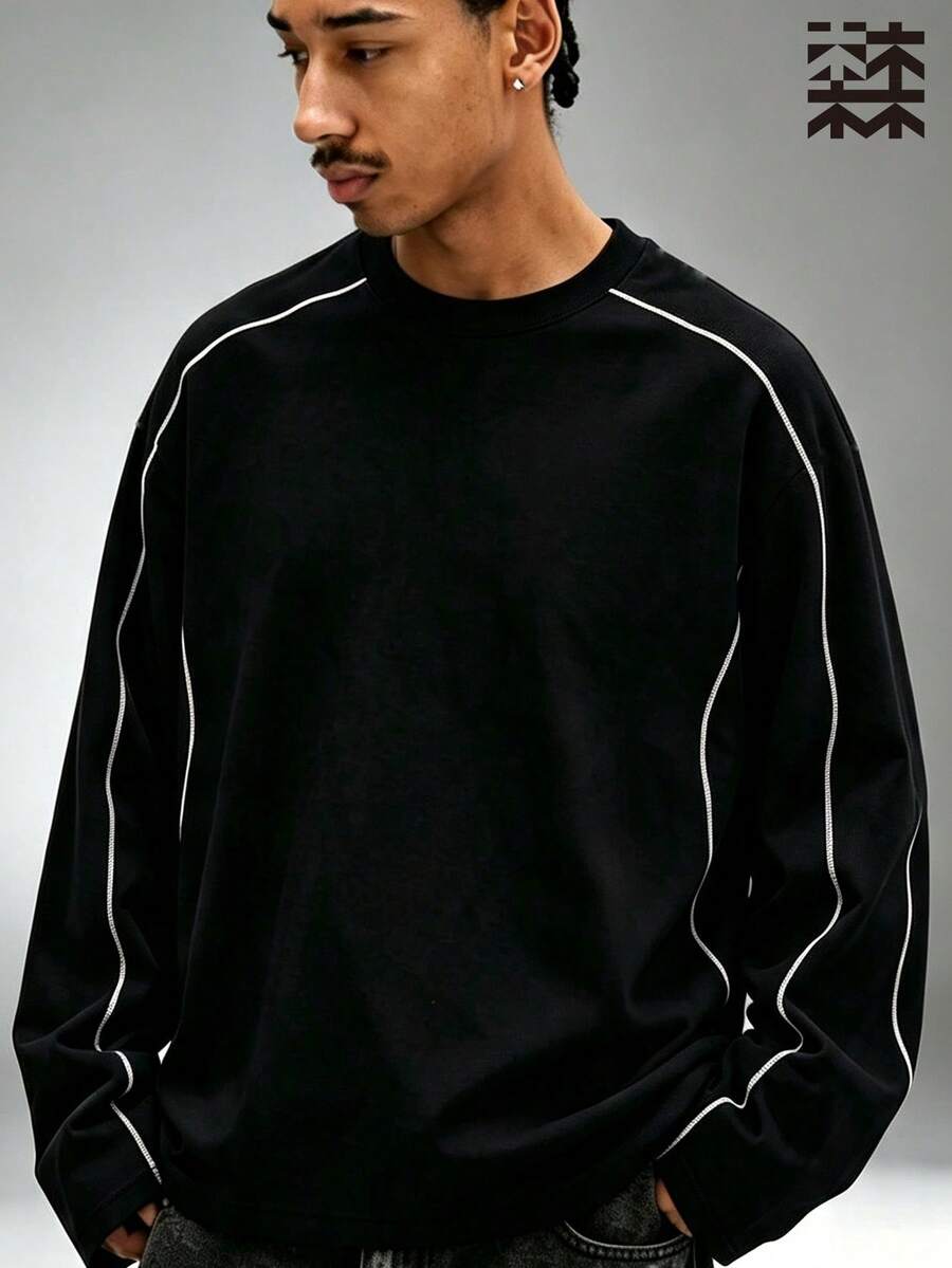 mulinsen Men's Black Loose Fit Long Sleeve T-Shirt With Line Patchwork Crew Neck - Black - View 1
