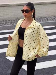 Chaqueta de manga larga con lunares y cremallera, casual y versátil para uso diario y viajes para mujer - amarillo ganso - Ver 6