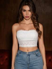 1pc Lace Bandeau Bra, Fashionable Minimalist Daily Wear Lingerie For Women - White - View 2