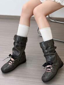 2025 New Kitten Heel Ruched Knee-High Stacked Boots Pointed Toe Over-The-Knee High Shaft Boots Vintage Wide Barrel Knight Boots - Grey - View 3