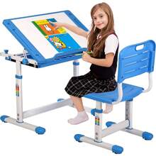 OffiClever Mesa de Estudiante Ajustable con computadora Inclinado, cajón de Almacenamiento Espacioso para estudiar Lectura y Dibujo, Color Azul - Azul - Ver 1