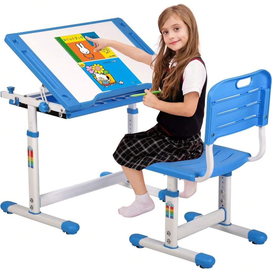 OffiClever Mesa de Estudiante Ajustable con computadora Inclinado, cajón de Almacenamiento Espacioso para estudiar Lectura y Dibujo, Color Azul - Azul - Ver 1