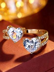 1pc Romantic Double Heart Exquisite Open Ring, Double Heart-Shaped Double-Track Splice Adjustable Ring, Gift For Women, Best Friend, Confession Jewelry - Ring - View 8