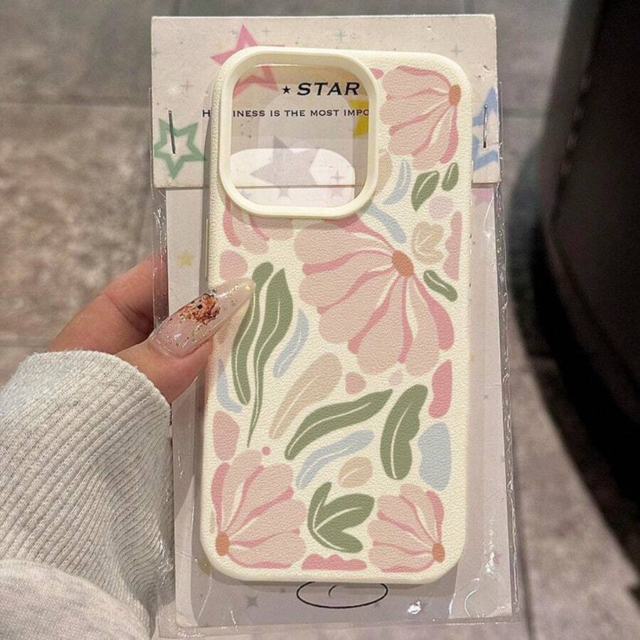 1pc TPU Material Soft Healing Versatile Pink & Green Floral Pattern Phone Case Compatible With IPhone 17 Pro Max/17/16 Pro Max/15/13/12/11/ S20 FE/A15/S24/A55/ Note 11/Note 12/Note 13 Pro Full Coverage Anti-Drop Soft Shell Protective Cover - White - View 1
