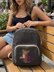 1PC Backpack, Women Mini Backpack, Corduroy Girl School Bag, Travel Storage Bag, Leopard‑Pattern Printed Design, Large‑Capacity Foldable Easy‑Storage Bag, Lightweight & Pressure‑Relieving, Multi‑Pocket Layered Design With Zipper Closure - Leopard Print 20446 - View 8