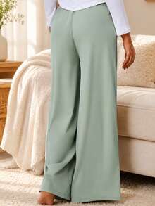 Sodalemon Women's Solid Color Casual Comfortable Wide Leg Pocket Pajama Pants, Elastic Waist Full Length Lounge Pants - Mint Green - View 2