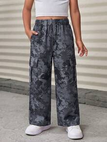 Girls' American Style Grey Camouflage Cargo Casual Wide Leg Pants, Street Dance Versatile Woven Long Pants - Black - View 6