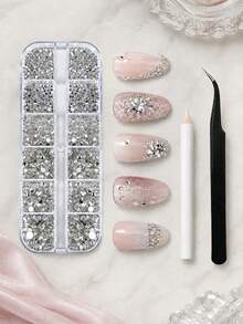 1 Set Flat Back Rhinestones, 6 Sizes, Round Crystal Rhinestones, With Tweezers And Pickup Pen, Suitable For DIY Crafts Like Handmade, Nail Art, Clothing, Shoes, Bags And More - Multiple Styles - View 3