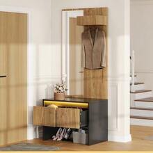 Hall Tree Set With Coat Rack, Hooks, Mirror, Shoe Bench, And 2 Drawers 60*38*145 Cm - Black - View 8