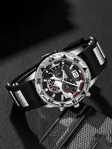 5pcs Set New Men's Large Dial Quartz Watch And Hip Hop Cuban Rhinestone Cross Pendant Accessory Set, Suitable For Daily Wear, Sports, Holidays, Campus Gift - Multicolor - View 9