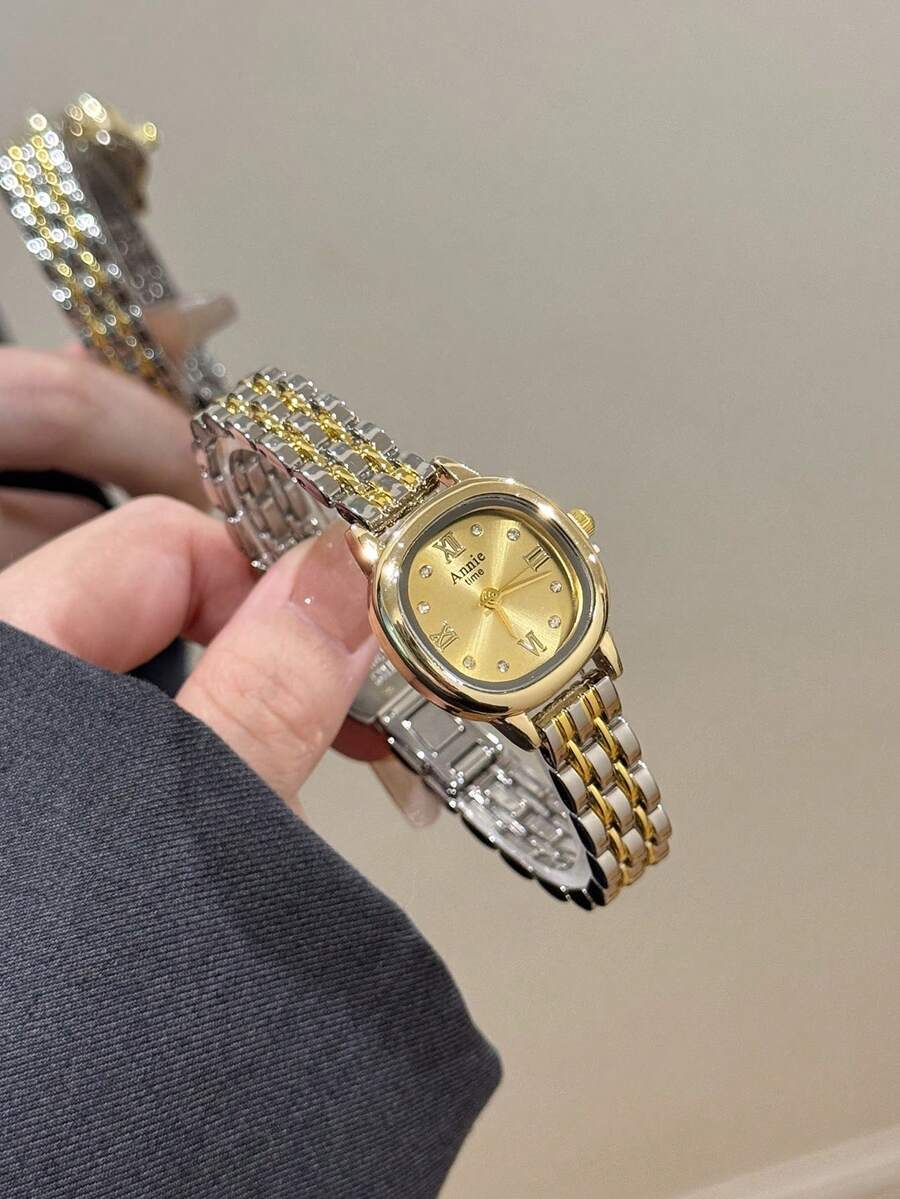 女款優雅雙色方型手錶,金色錶盤配水鑽羅馬數字,折疊扣錶帶,適合日常配戴 - 銀間金 - 查看 1