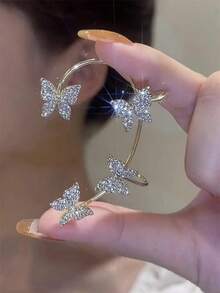 1pc Left/Right Super Shiny Butterfly Ear Clip Ear Cuff No Ear Hole Adjustable Exquisite Gift - Silver Left Ear - View 9
