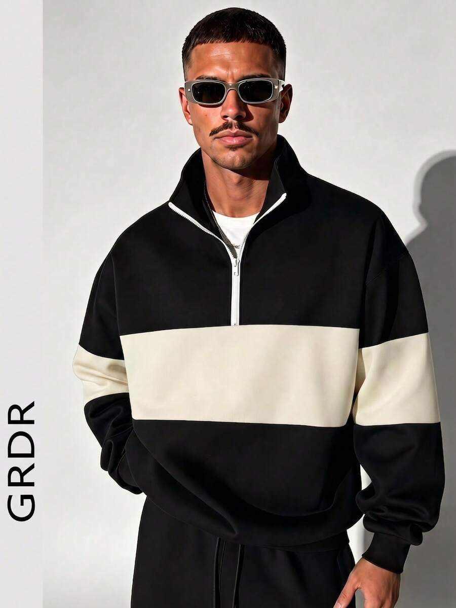 GRDR Sudadera con cremallera de contraste de color para hombre de otoño/invierno