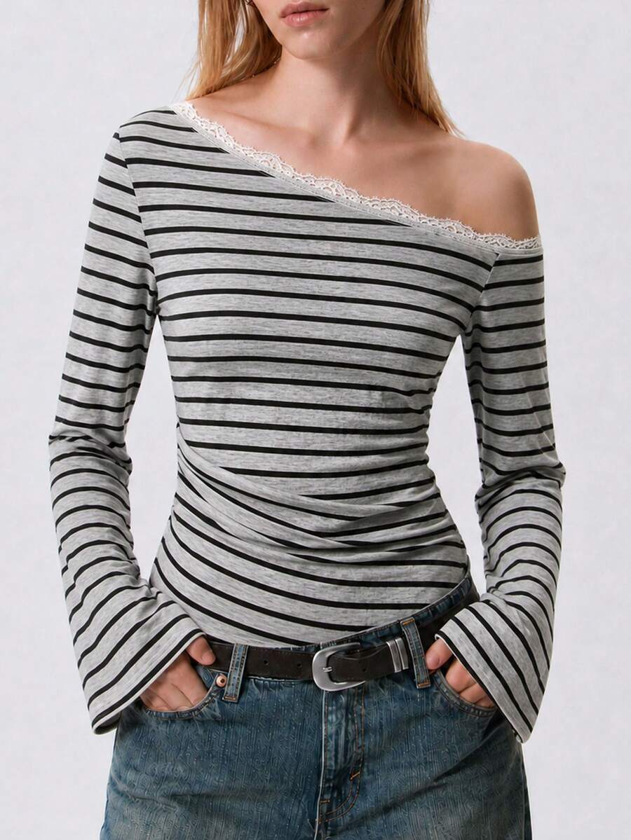 Women's Casual Striped Asymmetrical Shoulder Top With Lace Patchwork, Single Strap, Ruched Waist And Flared Sleeves - Light Grey - View 1