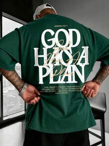 Kaos Lengan Pendek Kasual Unisex Musim Panas dengan Motif Berlapis dan Slogan Bahasa Inggris | Atasan Longgar yang Nyaman - Dark Green - View 2