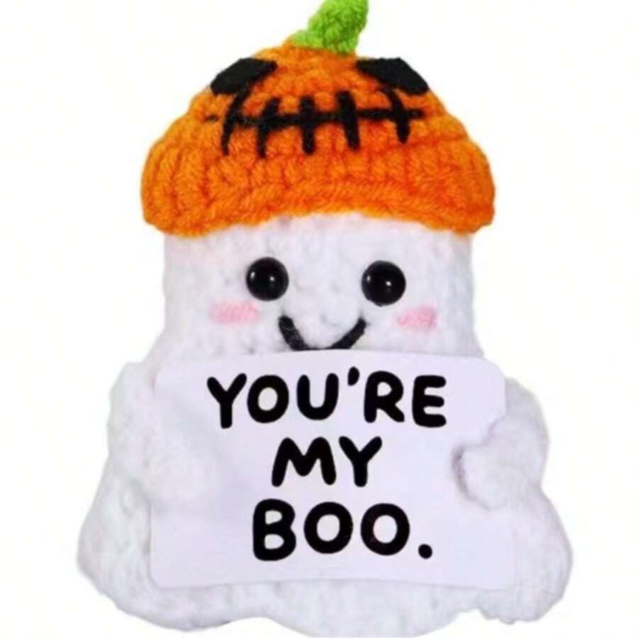 1pc Emotional Encouragement Gift Pumpkin Hat Ghost Handmade Crochet Production, Friend Gift Halloween Gift Desktop Decoration Encouragement Label Suitable For Gift Giving, Shelf Display Or Bedside Furniture, Suitable For Daily Indoor Decoration. - Multicolor - View 1