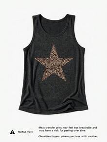 Tank Top Leher Bulat Motif Leopard & Bintang, Kasual Musim Panas - Dark Grey - View 3