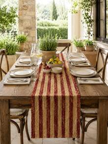 1PC Vintage Red Stripe Linen Table Runner, Beige Burgundy Rustic Farmhouse Table Runner, Classic Woven Look Dining Table Centerpiece Decor For Kitchen, Dining Room, Thanksgiving, Christmas, Holiday Party And Everyday Home Decoration - Distressed Stripes - View 5
