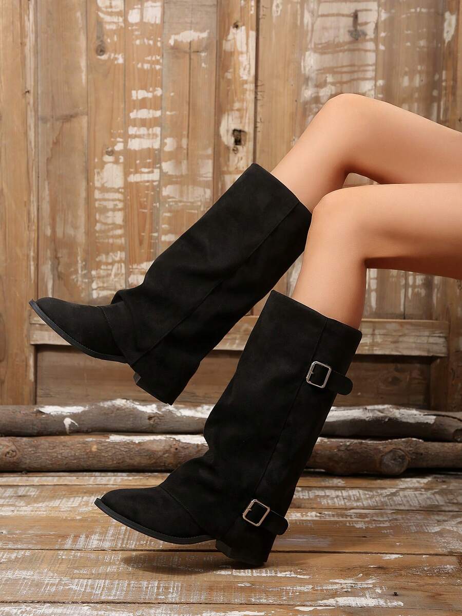 Vintage Western Style Faux Suede Casual Tall Boots, Women's Ruched Double Buckle Mid-Heel Riding Boots, Suitable For Autumn/Winter Daily Wear - Black - View 1
