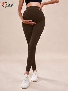Maternity Seamless Solid Color High Waist Ribbed Waist Yoga Pants Leggings, Basic Slim Fit Sports Long Pants - Brown - View 3