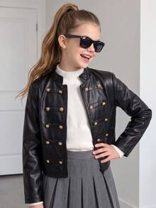 Tween Girl Fashionable Napoleon Style Cropped Leather Jacket With Metal Double-Breasted Decorative Buttons, New Arrival, All-Season Versatile For Daily Wear , Back To School Essential - Black - View 3